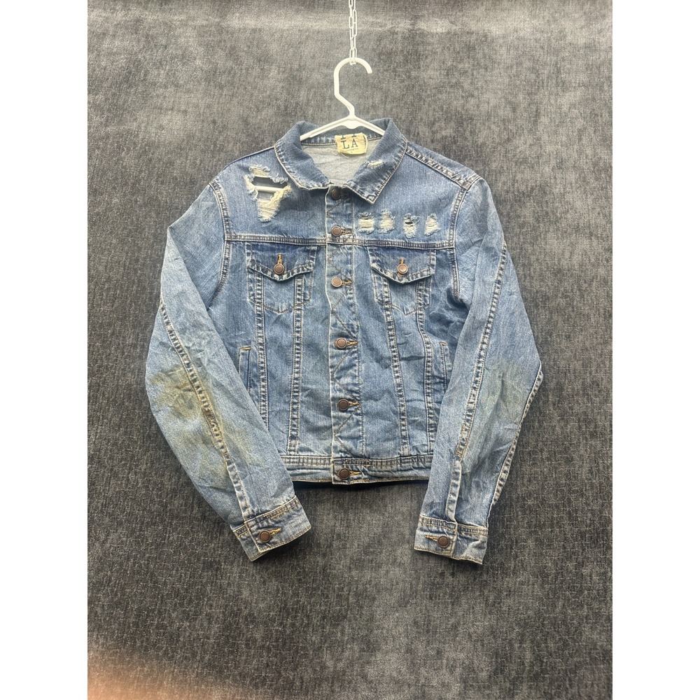 PPLA Hali Trucker Jacket Womens Small Blue Denim Cotton Distressed Button Front‎